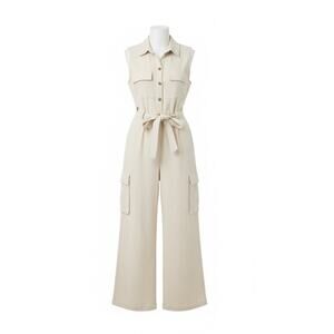 Monteau Los Angeles Beige Linen Cropped Wide Leg Jumpsuit XS Safari Utility